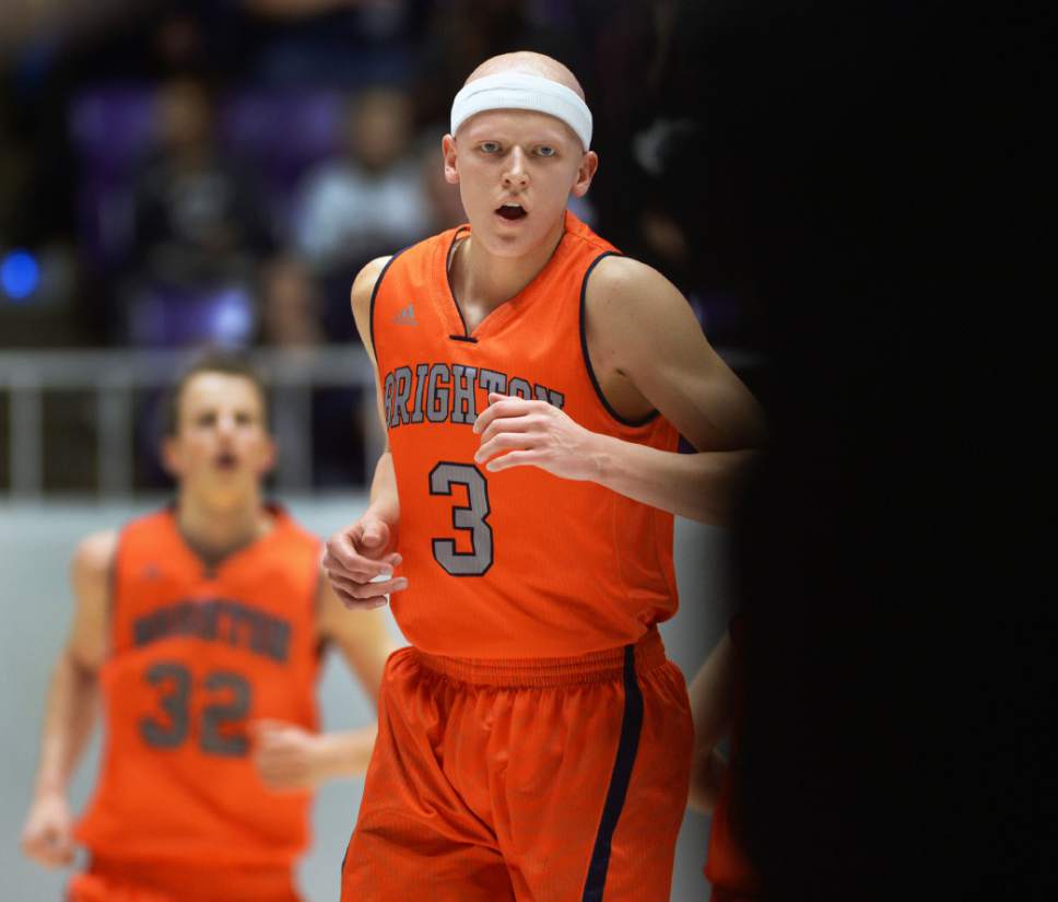 Steve Griffin  |  The Salt Lake Tribune

Brighton's Brock Miller (3) back-pedals down the court after making a basket during quarterfinals of the boy's 5A basketball state tournament game at the Dee Event Center in Ogden, Wednesday, February 25, 2015.