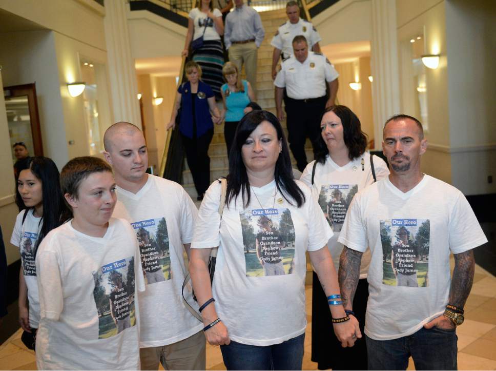 Al Hartmann  |  The Salt LakeTribune
Family members of fallen West Valley City police officer Cody Brotherson, leave court in Salt Lake City, Monday July 10, 2017.  Three teenage boys who admitted responsibility for the November death of West Valley City police Officer Cody Brotherson were ordered by a juvenille judge to serve time in a secure juvenile care facility for as long as possible. 
West Valley Police officer Cody Brotherson, 25, was killed Nov. 6 when he was struck by a stolen vehicle -- in which the three teens were riding -- while laying down a set of spike strips.