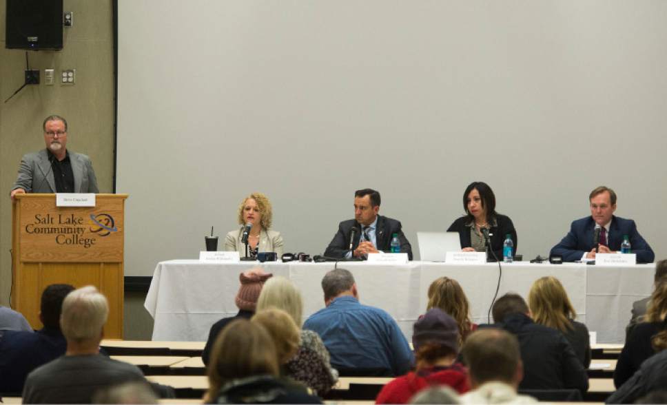Rick Egan  |  The Salt Lake Tribune

Steve Urquhart  moderates a panel that includes Salt Lake City Mayor Jackie Biskupski, Greg Hughes, Speaker of the Utah House of Representatives, Angela Romero and Salt Lake County Mayor Ben McAdams participate on a panel of state and community leaders as they discussed issues surrounding homelessness in Salt Lake County at Salt Lake Community College South City Campus, Monday, February 13, 2017.