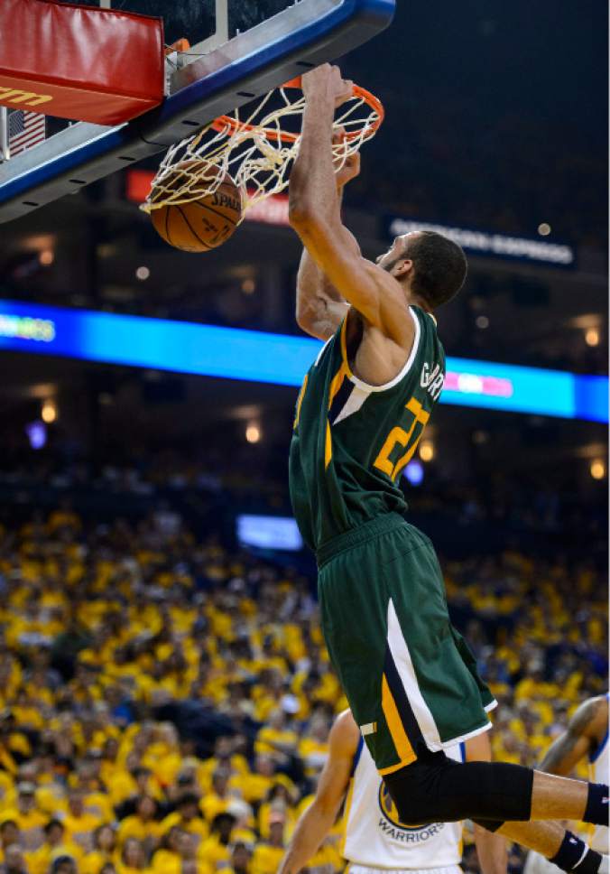 Steve Griffin  |  The Salt Lake Tribune


Utah Jazz center Rudy Gobert (27) slams down two during NBA playoff game between the Utah Jazz and the Golden State Warriors at Oracle Arena in Oakland Tuesday May 2, 2017.