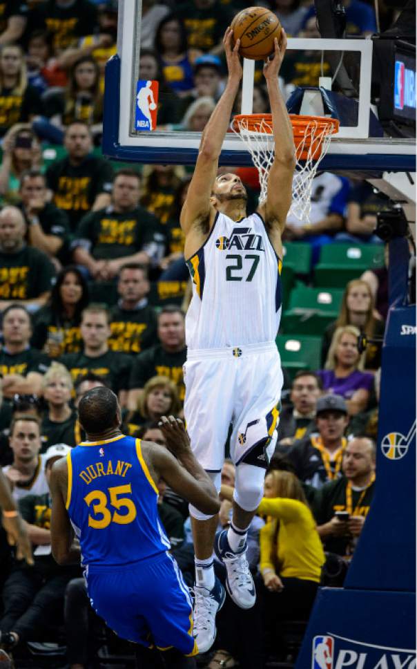 Steve Griffin  |  The Salt Lake Tribune


Utah Jazz center Rudy Gobert (27) grabs a lob and through down a reverse jam during game 4 of the NBA playoff game between the Utah Jazz and the Golden State Warriors at Vivint Smart Home Arena in Salt Lake City Monday May 8, 2017.