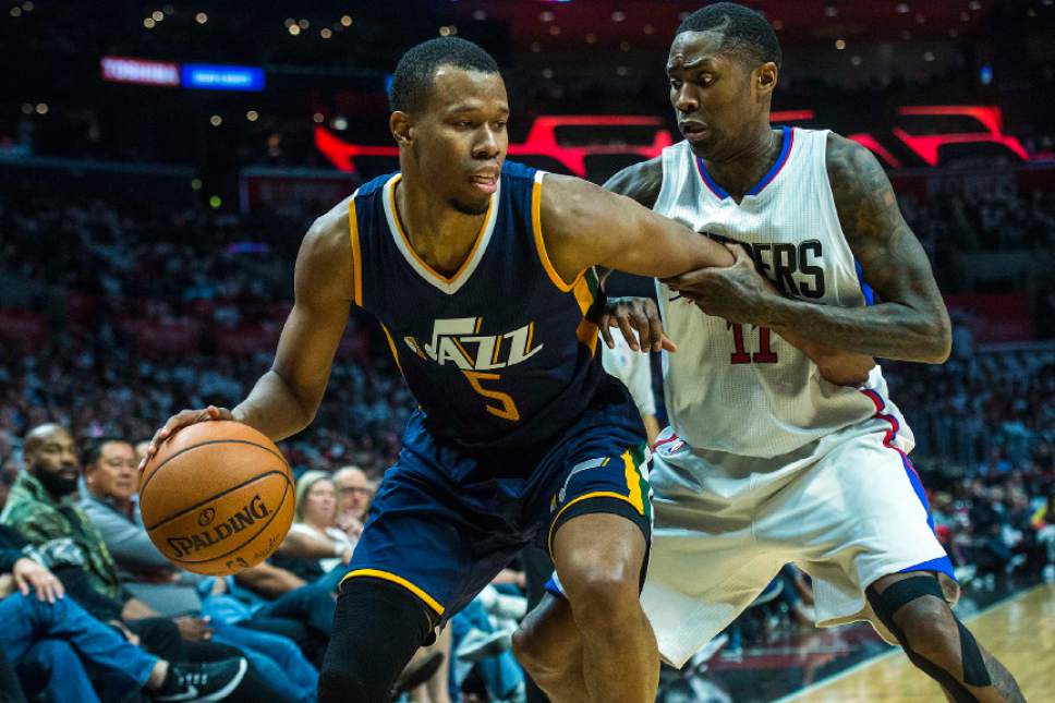 Chris Detrick  |  The Salt Lake Tribune
Utah Jazz guard Rodney Hood (5) grabs the ball past LA Clippers guard Jamal Crawford (11) during Game 1 of the Western Conference at the Staples Center Saturday, April 15, 2017.  Utah Jazz defeated LA Clippers 97-95.