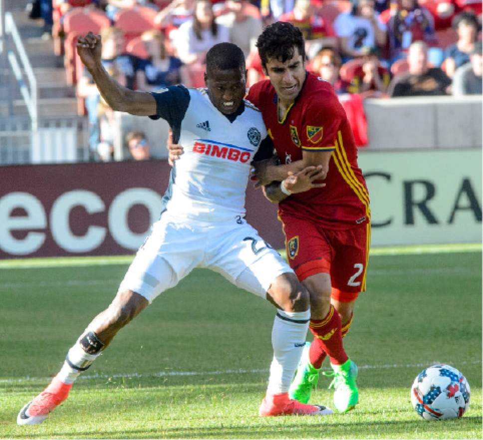 Steve Griffin  |  The Salt Lake Tribune
Real Salt Lake defender Tony Beltran (2) gets called for a hold as he tries to get around Philadelphia Union forward Fafa Picault (22) during the RSL vs. Philadelphia Union soccer match at Rio Tinto Stadium in Sandy Saturday May 27, 2017.