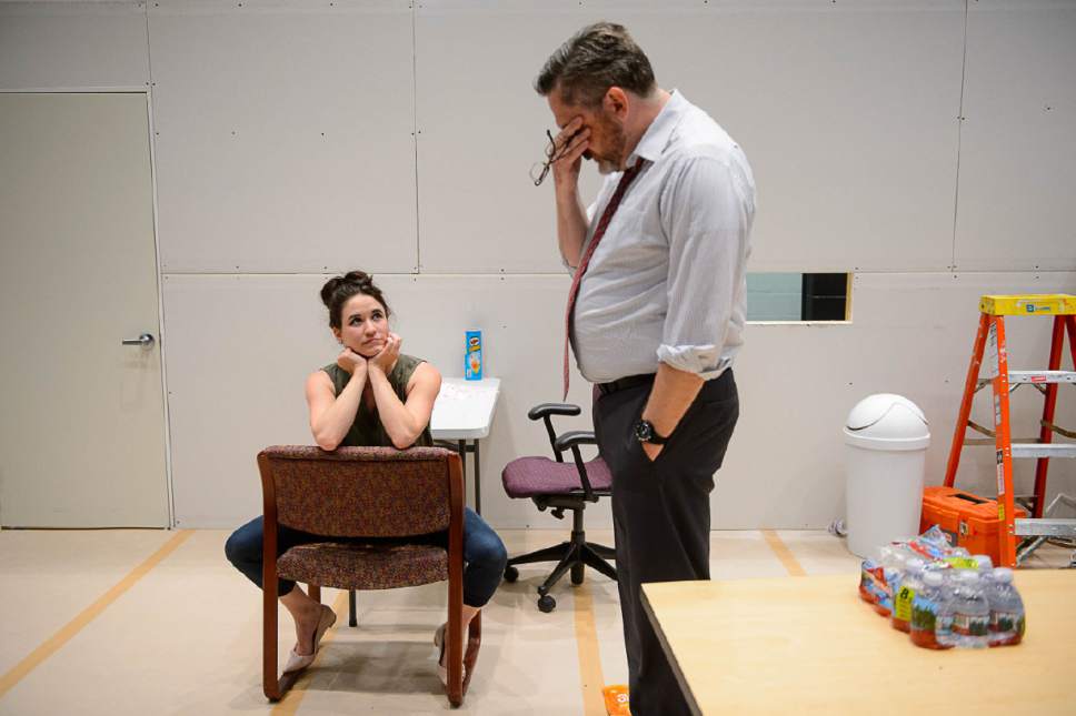 Trent Nelson  |  The Salt Lake Tribune
Mark Fossen and Anne Louise Brings play Ray and Una in Utah Repertory Theater Company's "Blackbird," a harrowing contemporary play soon opening at the Sorenson Unity Center Black Box Theater. Una has sought out Ray 15 years after their "involvement," when she was 12 and he was in his late-40s. They were photographed during rehearsal in Salt Lake City, Wednesday, July 5, 2017.