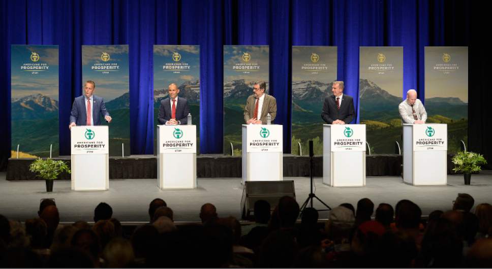 Leah Hogsten  |  The Salt Lake Tribune

Candidates Tanner Ainge, John Curtis, Joe Buchman, Chris Herrod and Jason Christensen fielded questions at the Covey Center for the Arts in Provo during Americans for Prosperity-Utah's 3rd congressional district candidate debate to fill Rep. Jason Chaffetz's vacancy.  The primary will be held Aug. 15.