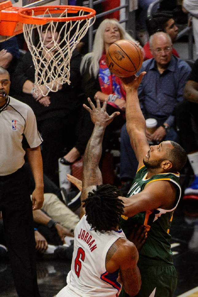 Trent Nelson  |  The Salt Lake Tribune
Utah Jazz center Boris Diaw (33) shoots over LA Clippers center DeAndre Jordan (6) as the Utah Jazz face the Los Angeles Clippers in Game 7 at STAPLES Center in Los Angeles, California, Sunday April 30, 2017.