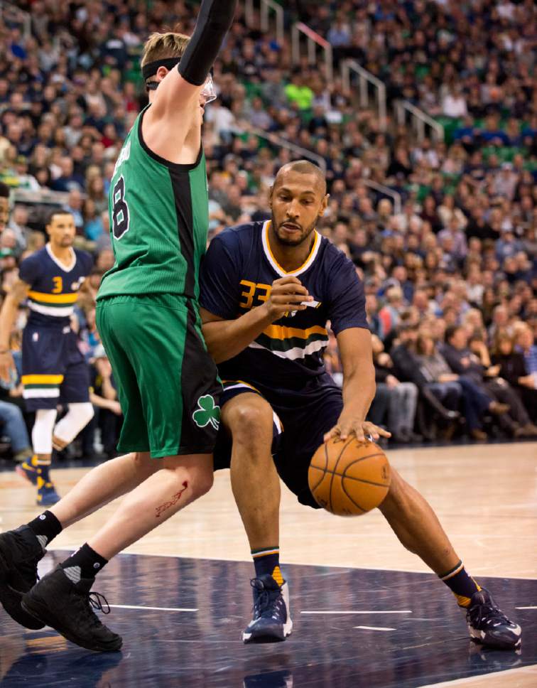 Lennie Mahler  |  The Salt Lake Tribune

Boris Diaw works against Jonas Jerebko in the post in the first half of a game between the Utah Jazz and the Boston Celtics at Vivint Smart Home Arena on Saturday, Feb. 11, 2017.