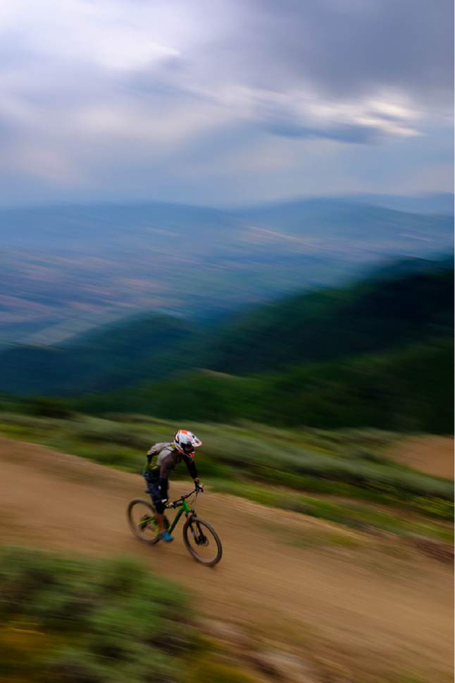 Trent Nelson  |  The Salt Lake Tribune
Mountain bikers on Deer Valley's Holy Roller trail, Saturday July 8, 2017.
