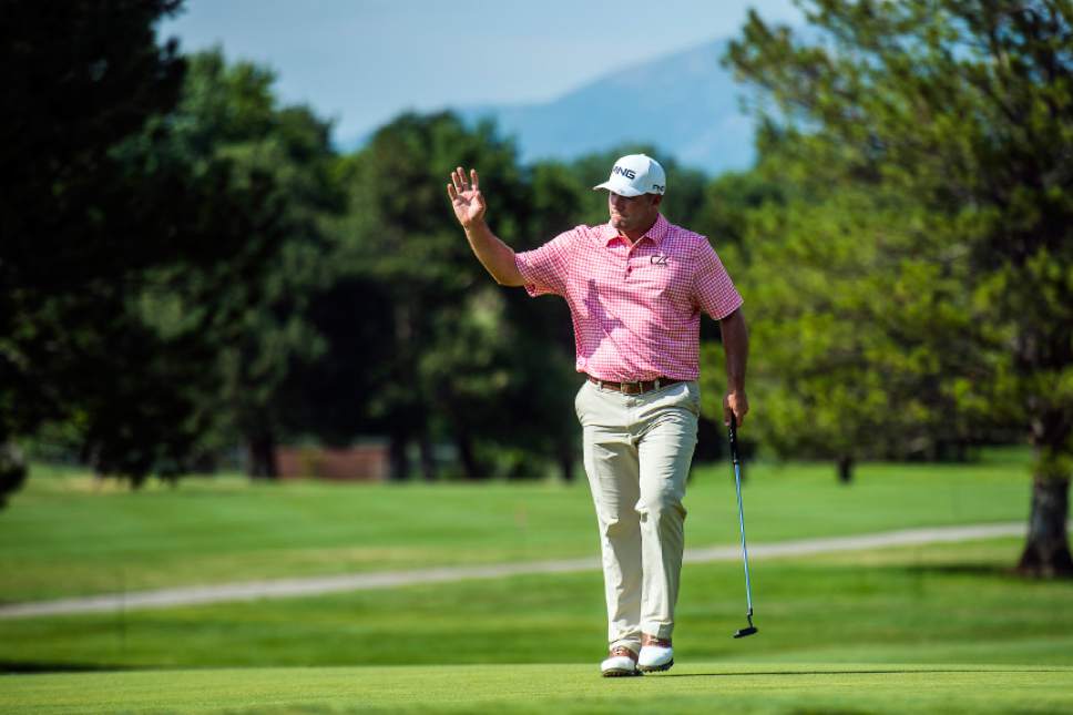 Chris Detrick  |  The Salt Lake Tribune
Kyle Wilshire, of Georgetown, Kentucky, waves to the crowd during the Web.com Utah Championship at Oakridge Country Club in Farmington Friday, July 14, 2017.