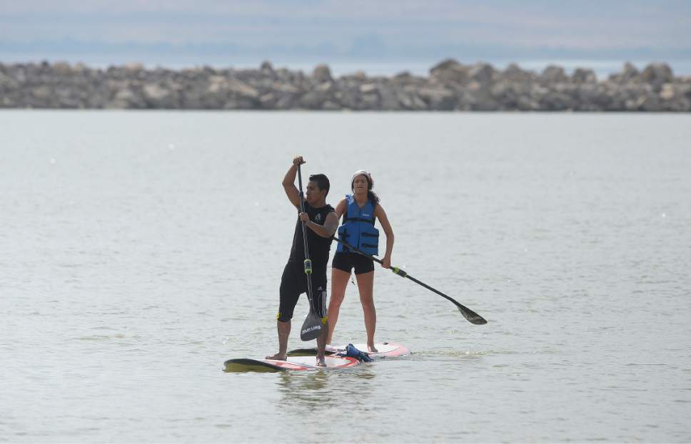 Scott Sommerdorf   |  The Salt Lake Tribune  
Two stand up paddlers return to the marina near Utah Lake State Park, Friday, July 14, 2017.