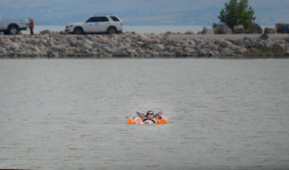 Scott Sommerdorf   |  The Salt Lake Tribune  
A woman floats in an inflatable in the marina near Utah Lake State Park, Friday, July 14, 2017.