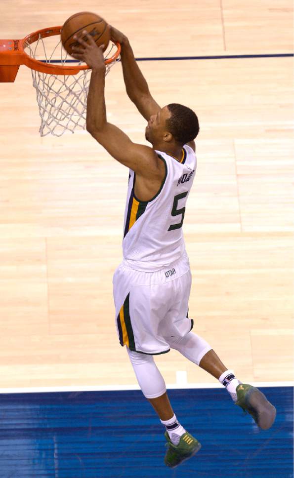 Leah Hogsten  |  The Salt Lake Tribune 
Utah Jazz guard Rodney Hood (5) with the dunk. The Utah Jazz trail the Los Angeles Clippers 59-62 in the third quarter during Game 6 at Vivint Smart Home Arena, Friday, April 28, 2017 during the NBA's first-round playoff series.