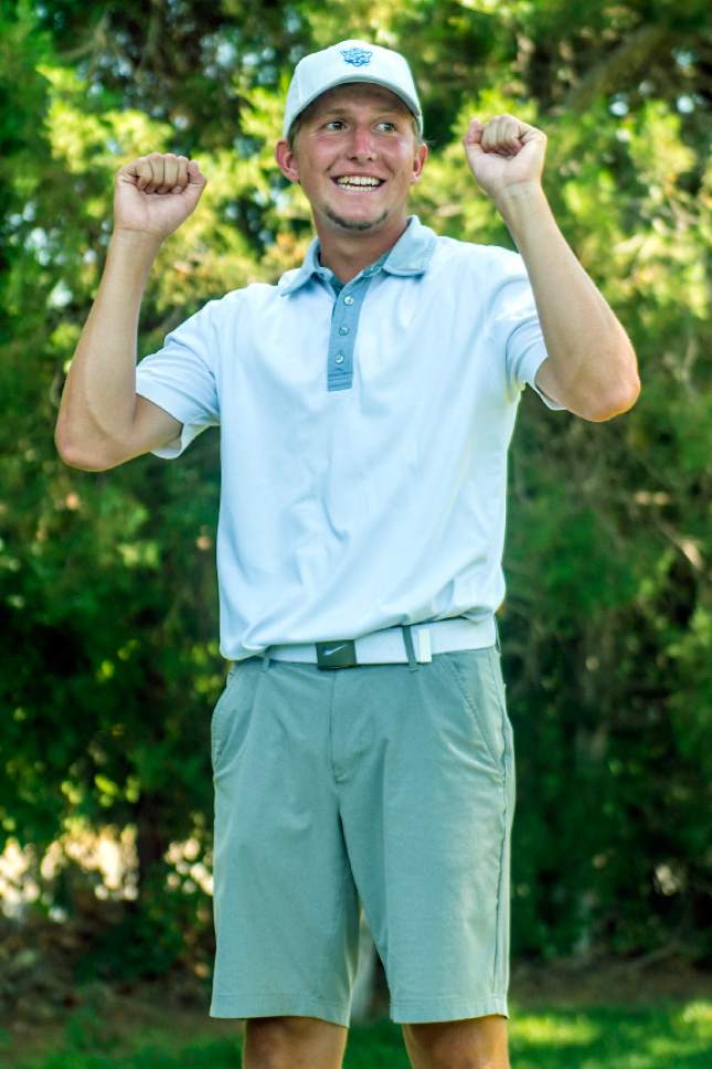 Chris Detrick  |  The Salt Lake Tribune
BYU redshirt freshman golfer Kelton Hirsch celebrates after winning the Utah State Amateur golf tournament at Ogden Country Club Saturday, July 15, 2017.