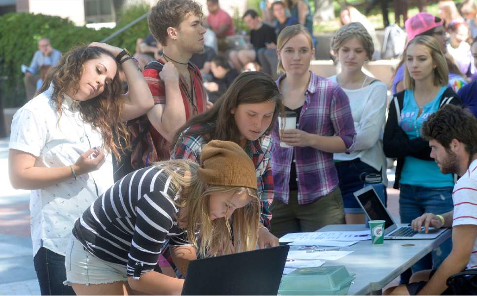 File photo  |  The Salt Lake Tribune
Westminster College students sign pledges to believe and support friends who have been sexually assaulted during Start by Believing Week in September 2016. The college has twice surveyed students about the prevalence of sexual assault and related issues, but it is not releasing its results. Too few students replied last year, and this year, the respondents did not reflect the diversity on campus, the school said.