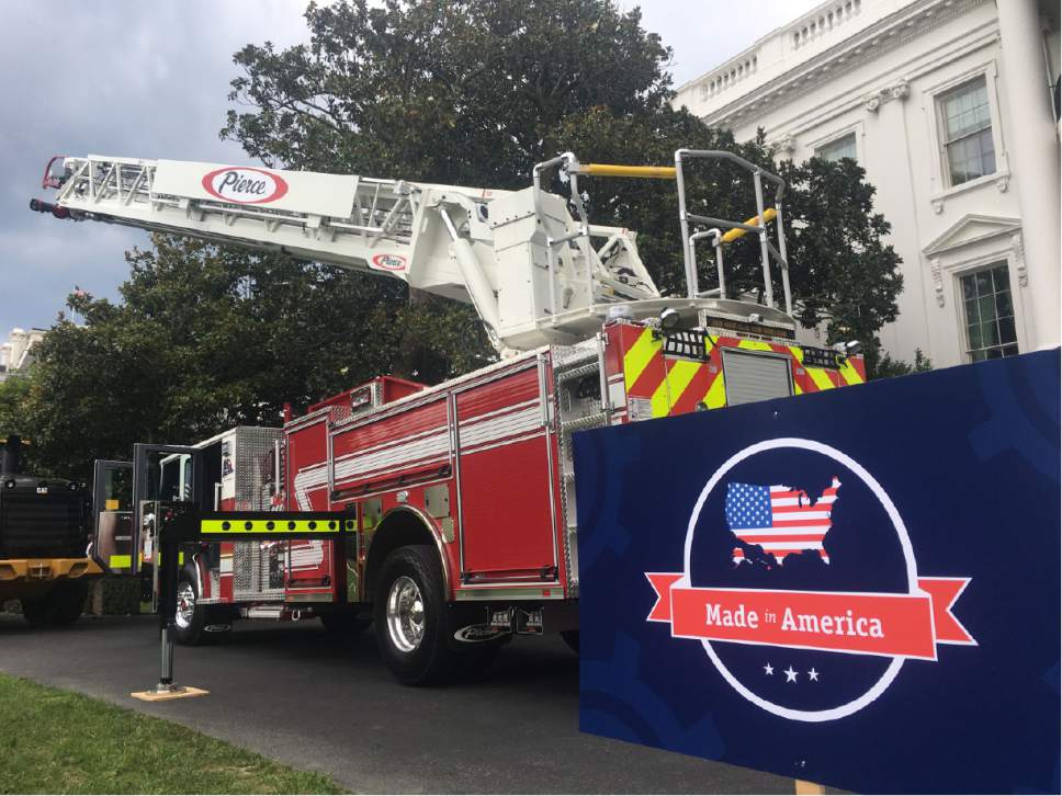 Thomas Burr  |  The Salt Lake Tribune


A fire truck made by Pierce Manufacturing is parked
on the South Front of the White House on Monday as part of the Trump administration's showcase of Made in America products. President Donald Trump later hopped into the driver's seat. "Where's the fire?" the president said. "I'll put it out."