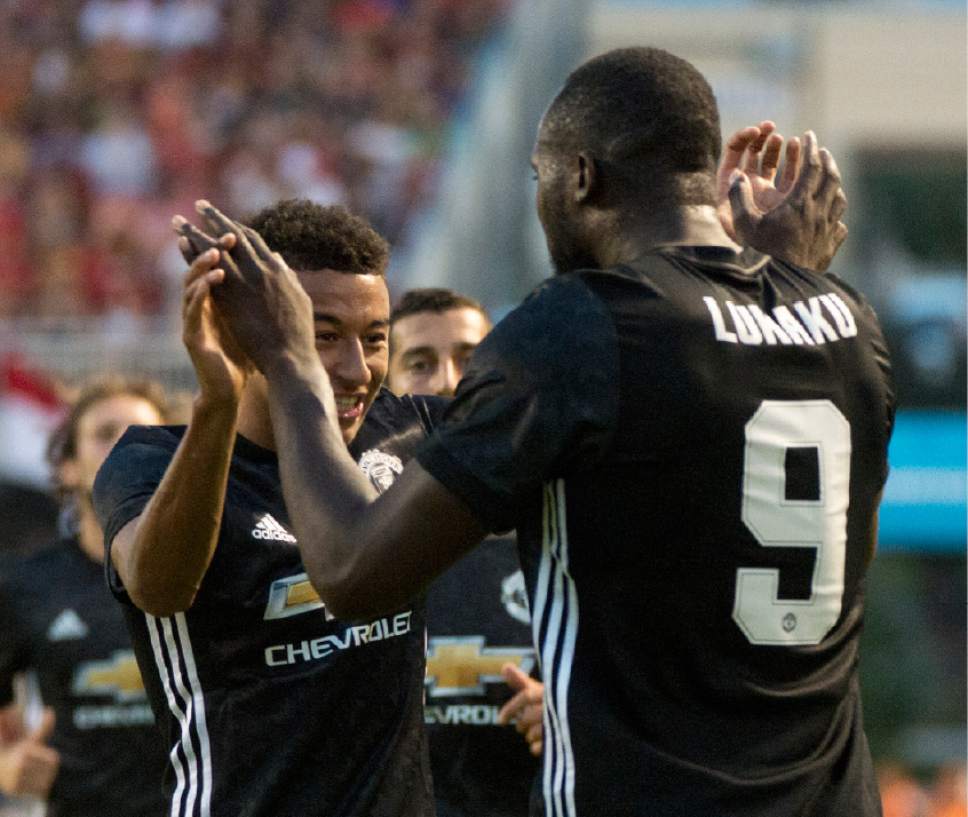 Rick Egan  |  The Salt Lake Tribune

Manchester United forward Romelu Lukaku (9) celebrates with his team mates, after scoring a goal, as Real Salt Lake played Manchester United in a friendly game at Rio Tinto Stadium, Monday, July 17, 2017.