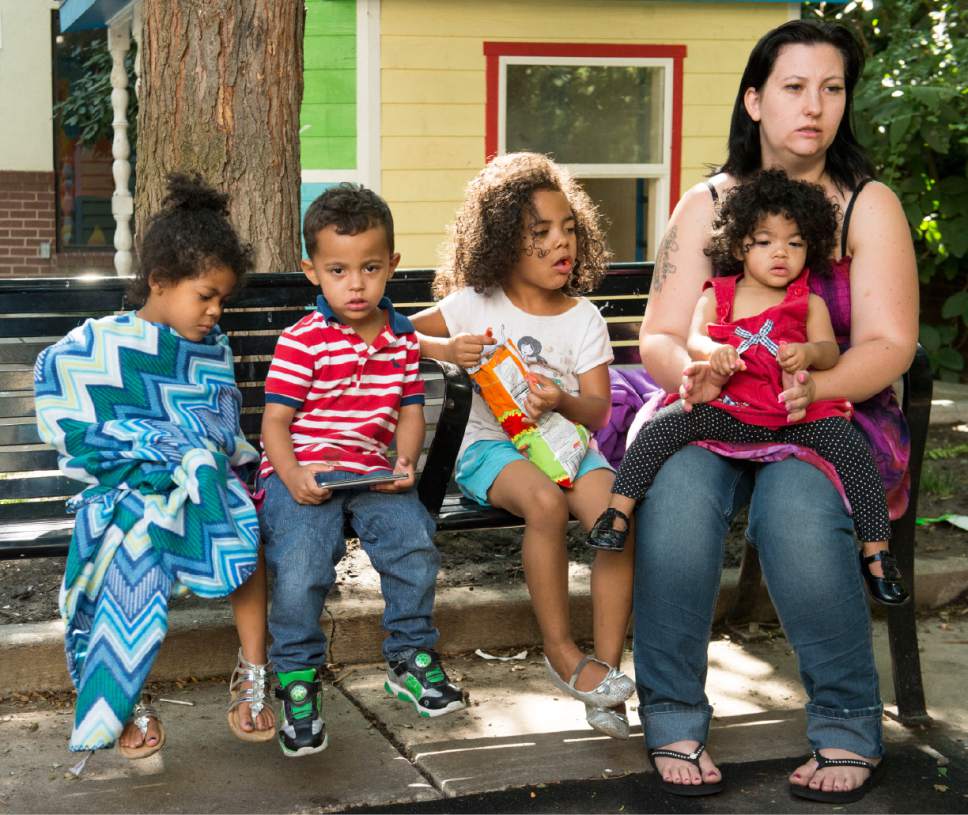 Rick Egan  |  The Salt Lake Tribune

Justina Shields, with her children, left to right, Laila, William, Maliha, and Averyonna, at the Road Home, Thursday, July 13, 2017.
