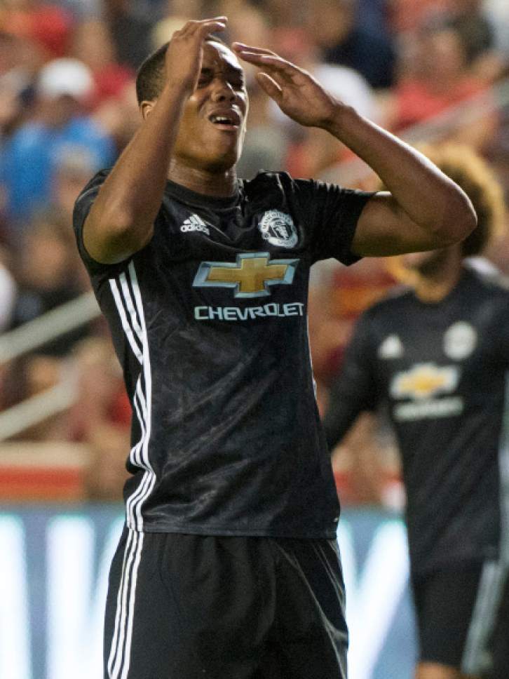 Rick Egan  |  The Salt Lake Tribune

Manchester United forward Anthony Martial (11) reacts as his kick narrowly misses the goal,  as Real Salt Lake played Manchester United in a friendly game at Rio Tinto Stadium, Monday, July 17, 2017.