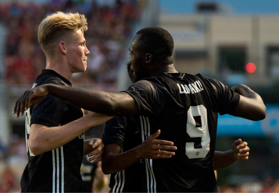 Rick Egan  |  The Salt Lake Tribune

Manchester United forward Romelu Lukaku (9) celebrates with his team mates, after scoring a goal, as Real Salt Lake played Manchester United in a friendly game at Rio Tinto Stadium, Monday, July 17, 2017.
