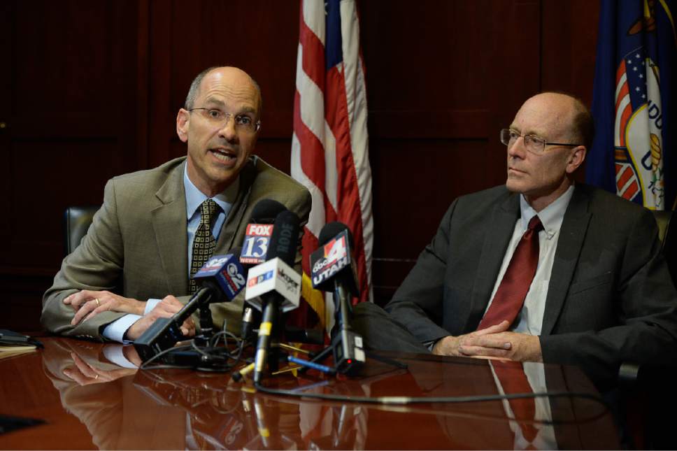 Francisco Kjolseth | The Salt Lake Tribune
Paul Edwards, Deputy Chief of Staff for Utah Gov. Gary Herbert, left, and Alan Matheson, Executive Director of the Department of Environmental Quality, address the media following a brief visit by Scott Pruitt, the EPA administrator to Utah on Tuesday, July 18, 2017.