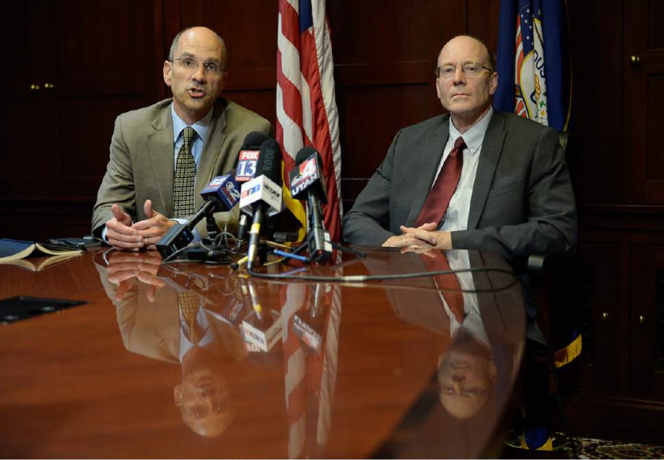 Francisco Kjolseth | The Salt Lake Tribune
Paul Edwards, Deputy Chief of Staff for Utah Gov. Gary Herbert, left, and Alan Matheson, Executive Director of the Department of Environmental Quality, address the media following a brief visit by Scott Pruitt, the EPA administrator to Utah on Tuesday, July 18, 2017.