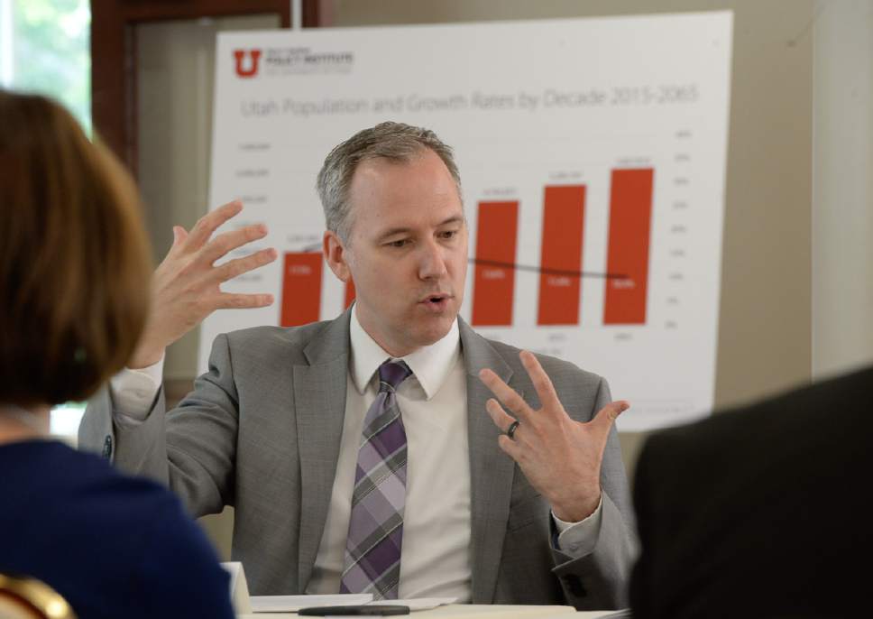 Francisco Kjolseth | The Salt Lake Tribune
Ted Knowlton, Deputy Director of the Wasatch Front Regional Council talks about the "hour glass pinch point" that challenges commuters at the point of the mountain during a discussion at the University of Utah's Kem C. Gardner Policy Institute after they released long-term growth projections for Utah's counties on Monday, July 17, 2017. Utah County is projected to be as large as Salt Lake County by 2065.