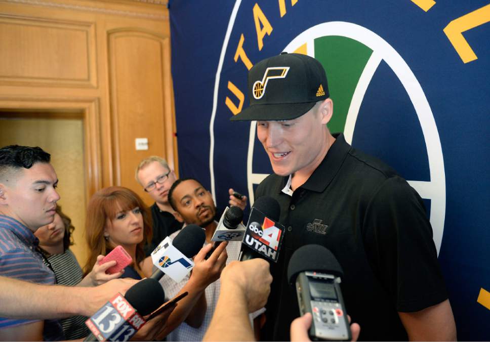 Al Hartmann  |  The Salt Lake Tribune
Jonas Jerebko, new Jazz player, meets the media for the first time in Salt Lake City Tuesday July 18.  He's a Swedish-born power forward who grew up a fan of the Utah Jazz.
