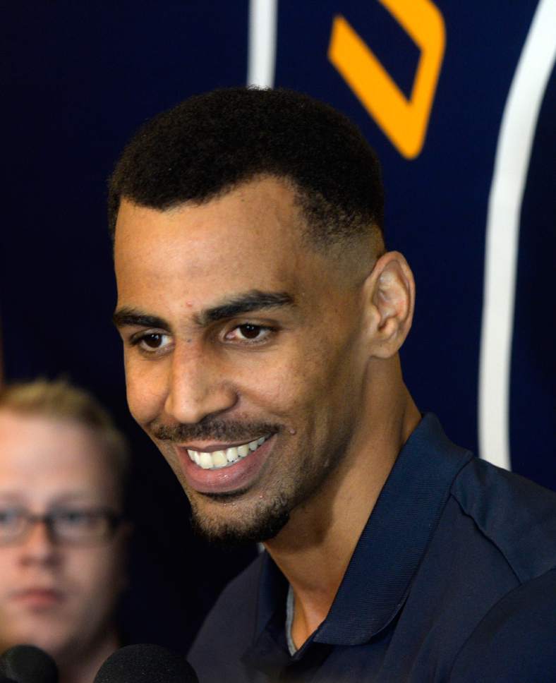 Al Hartmann  |  The Salt Lake Tribune
Thabo Sefolosha, just signed by the Jazz meets the media for the first time in Salt Lake City Tuesday July 18.