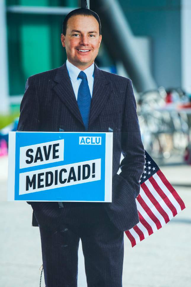Chris Detrick  |  The Salt Lake Tribune
A cardboard cutout of Senator Mike Lee, R-Utah, during a rally against the Better Care Reconciliation Act outside of the Wallace Bennett Federal Building Thursday, July 6, 2017.