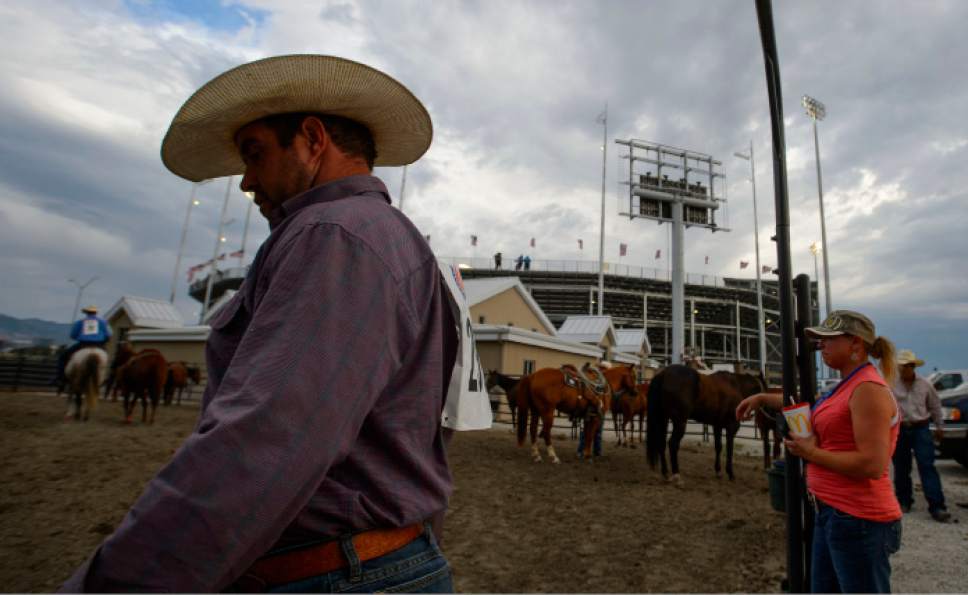 Steve Griffin  |  The Salt Lake Tribune

Contestants warm-up for opening night of the Days of  '47 Rodeo in its new digs at the Days of 47 Arena at the Utah State Fairpark in Salt Lake City Wednesday July 19, 2017.