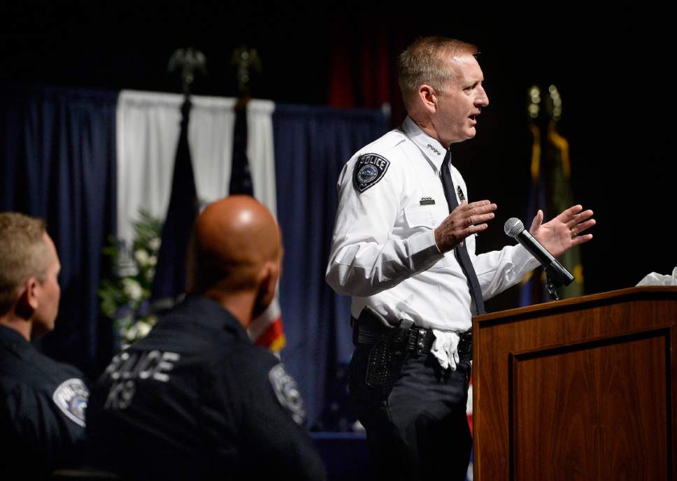 Scott Sommerdorf   |  The Salt Lake Tribune  
Sheriff Jim Winder speaks during the memorial service for "Dingo," a Unified Police Department dog shot and killed in the line of duty July 6 while working with his K-9 handler Sgt. Chad Reyes, Saturday, July 15, 2017.