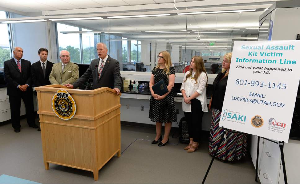 Francisco Kjolseth | The Salt Lake Tribune
Utah's Commissioner of Public Safety Keith Squires says a few words during the introduction of the Sexual Assault Kit Initiative (SAKI) group during a press conference on July 19, 2017 at the DPS Crime Lab in Taylorsville. The Commission on Criminal and Juvenile Justice (CCJJ) and the Utah Department of Public Safety (DPS) have established a group dedicated to pursuing justice for victims of sexual assault. That group includes a new victim advocate who will be the point of contact for victims seeking resources and the status of their sexual assault kit. A new information line has been set up for victims to connect directly to a victim advocate.