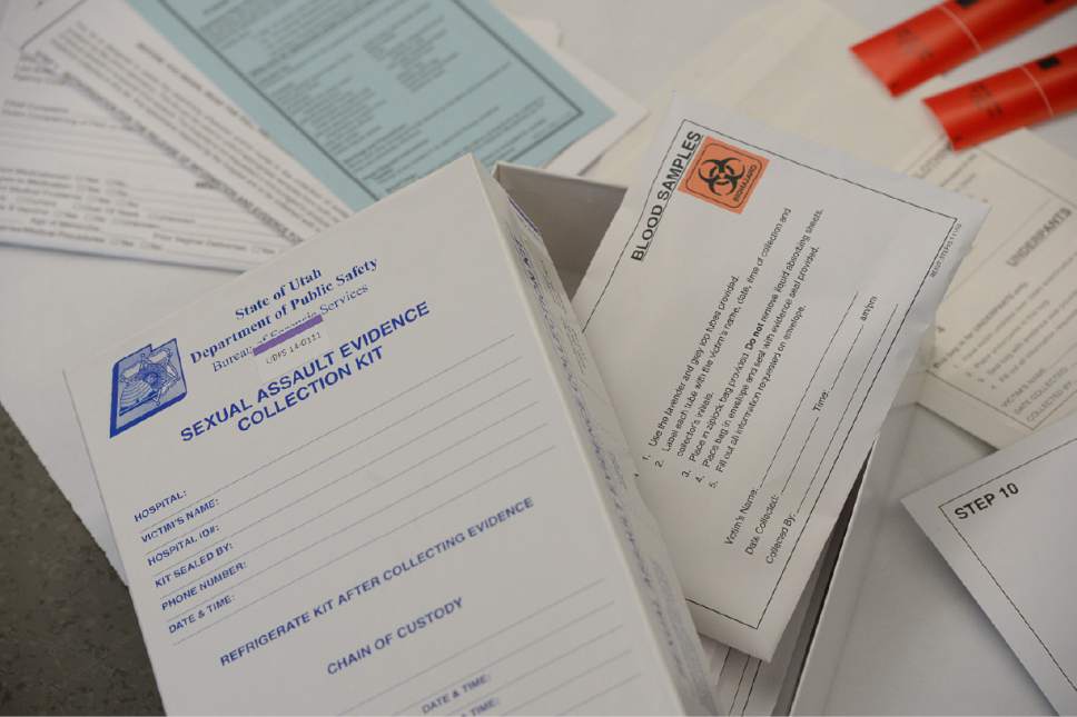 Francisco Kjolseth | The Salt Lake Tribune
A sexual assault evidence collection kit is displayed as the Sexual Assault Kit Initiative (SAKI) group and a new information line are introduced to the public at a press conference on July 19, 2017 at the DPS Crime Lab in Taylorsville. The Commission on Criminal and Juvenile Justice (CCJJ) and the Utah Department of Public Safety (DPS) have established a group dedicated to pursuing justice for victims of sexual assault. That group includes a new victim advocate who will be the point of contact for victims seeking resources and the status of their sexual assault kit. A new information line has been set up for victims to connect directly to a victim advocate.