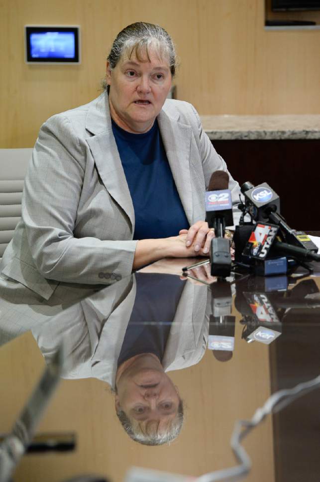 Francisco Kjolseth | The Salt Lake Tribune
Attorney Mary Corporon, representing the family of Salt Lake County Recorder Gary Ott holds a press conference in Salt Lake City on Thursday, July 20, 2017, to announce their request for a court to approve Ott's resignation from office, effective Aug. 1. Ott is currently in an undisclosed medical facility.