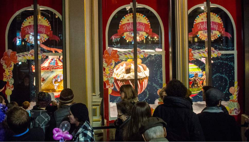 Chris Detrick  |  The Salt Lake Tribune
Crowds  line up to see the holiday candy windows at Macy's at City Creek Center in, 2014.