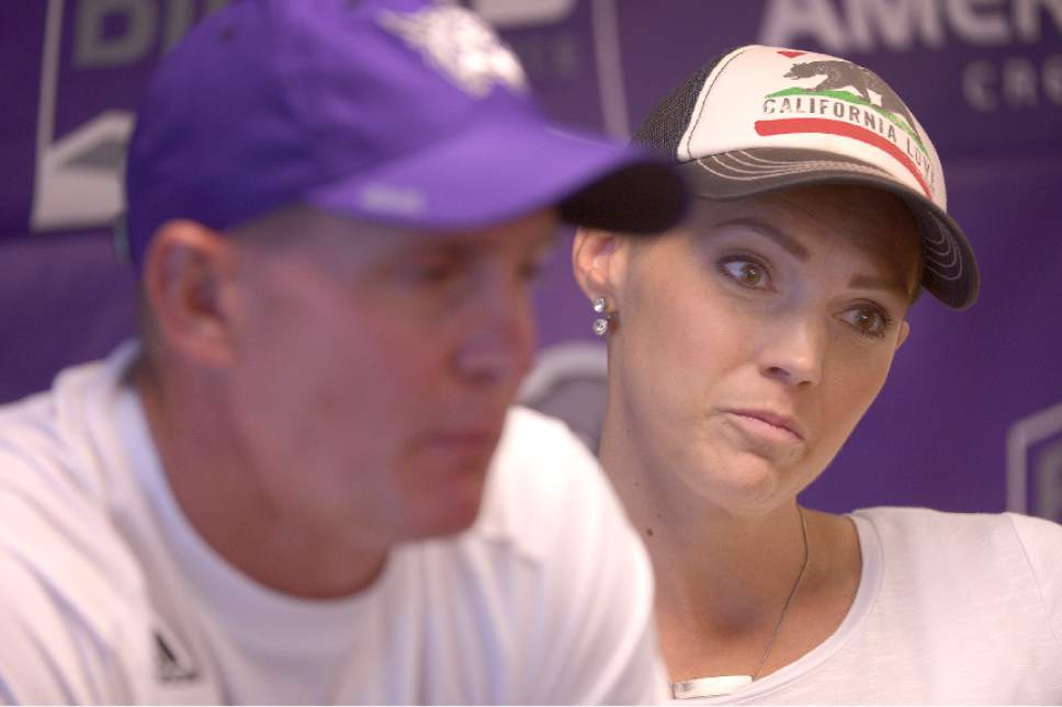 Leah Hogsten  |  The Salt Lake Tribune
Sara Hill and her husband, Weber State football coach Jay Hill, talk about her battle with Hodgkins lymphoma and how the Wildcat family has rallied around her and her husband at Stewart Stadium, Wednesday, August 24, 2016. Weber State football players, coaches and family and friends shaved their heads in support of her chemotherapy treatments.