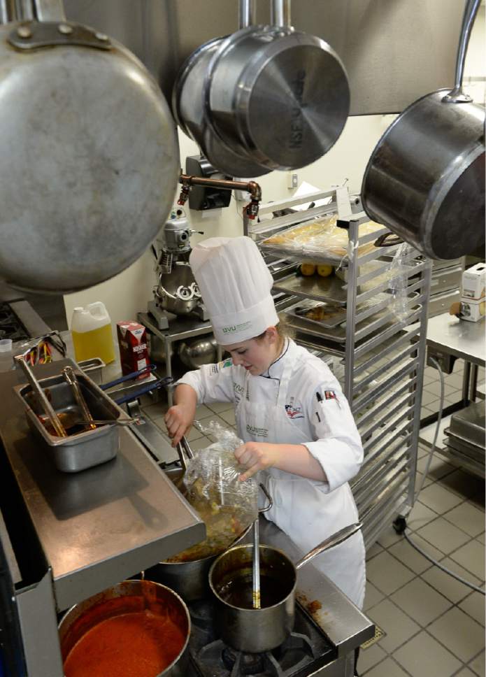 Francisco Kjolseth | The Salt Lake Tribune
Constantly practicing, Madeline Black, a 19 year old Utah Valley University culinary student applies her knowledge in the school kitchen as she prepares for a public luncheon recently. Black won the top honor of a student chef last week from the American Culinary Federation's Student Chef of the Year. She is the second UVU student to win the title in the last two years and one of about six students to get to nationals int he last decade.