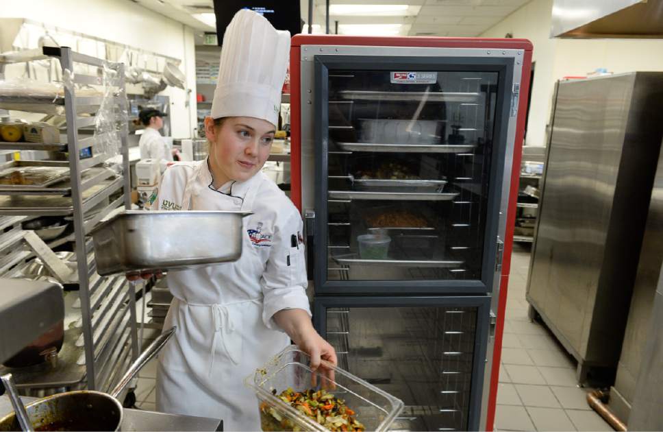 Francisco Kjolseth | The Salt Lake Tribune
Constantly practicing, Madeline Black, a 19 year old Utah Valley University culinary student applies her knowledge in the school kitchen as she prepares for a public luncheon recently. Black won the top honor for a student chef last week from the American Culinary Federation's Student Chef of the Year. She is the second UVU student to win the title in the last two years and one of about six students to get to nationals int he last decade.