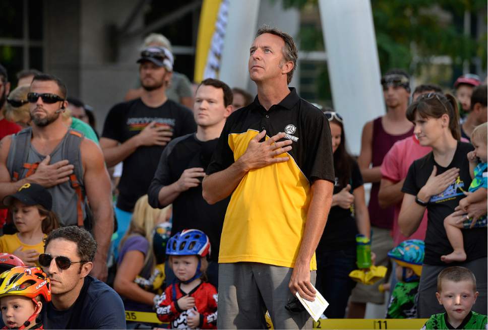 Scott Sommerdorf   |  The Salt Lake Tribune  
Ryan McFarland, founder of the Strider World Championships, stands during the singing of the national anthem prior to Saturday's races.