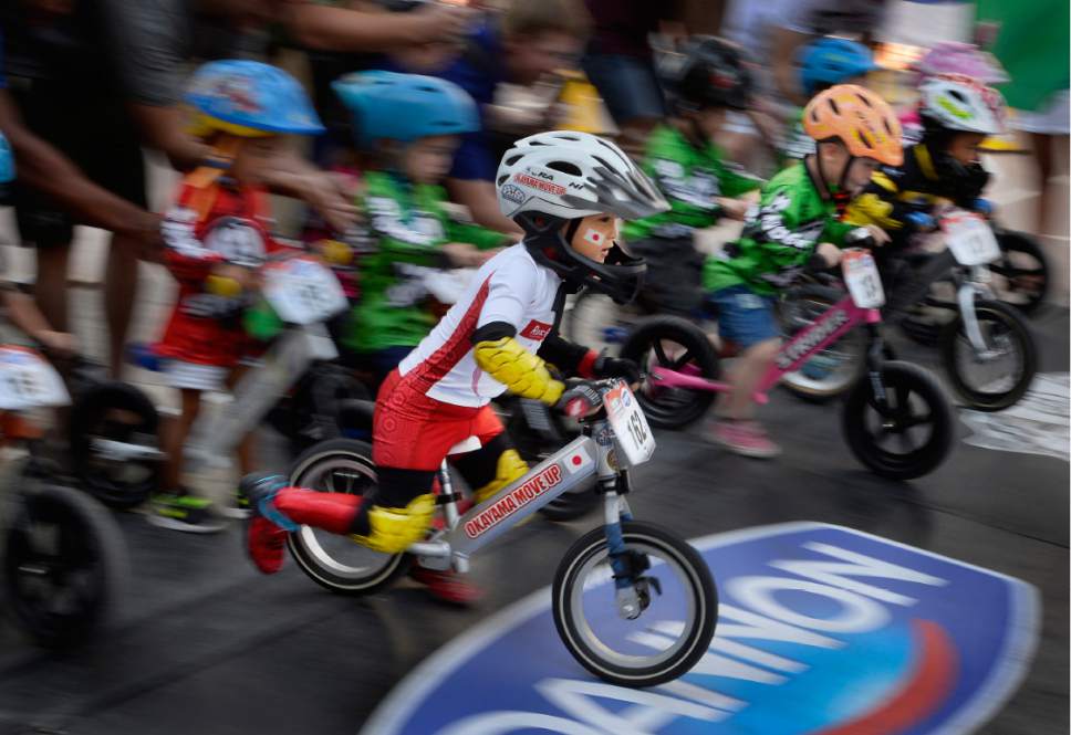 Scott Sommerdorf   |  The Salt Lake Tribune  
Two year old Kaisei Nishimura from Tokyo, Japan, opens up a lead right at the start of one of his age group's heats during the Strider World Championship - sometimes called the "Tour de France of Toddler Racing," held at the Gallivan Center, Saturday, July 22, 2017.