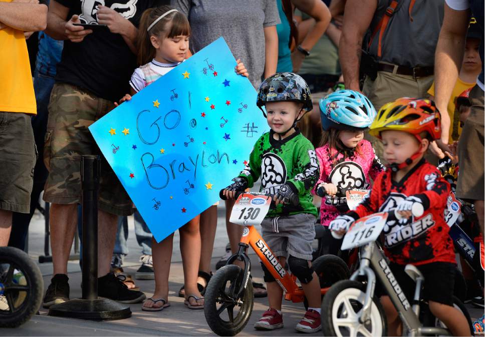 Scott Sommerdorf   |  The Salt Lake Tribune  
Two year old riders get ready at the starting line for the opening heats at the Strider World Championships, held at the Gallivan Center, Saturday, July 22, 2017.