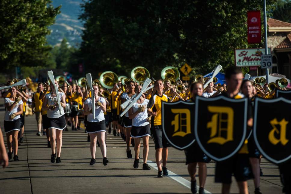 Chris Detrick  |  The Salt Lake Tribune
Members of the Davis High School marching band perform during the 65th annual Bountiful Handcart Days Grand Parade Friday, July 21, 2017.