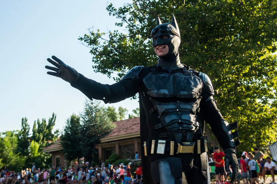 Chris Detrick  |  The Salt Lake Tribune
Batman waves to the crowd during the 65th annual Bountiful Handcart Days Grand Parade Friday, July 21, 2017.