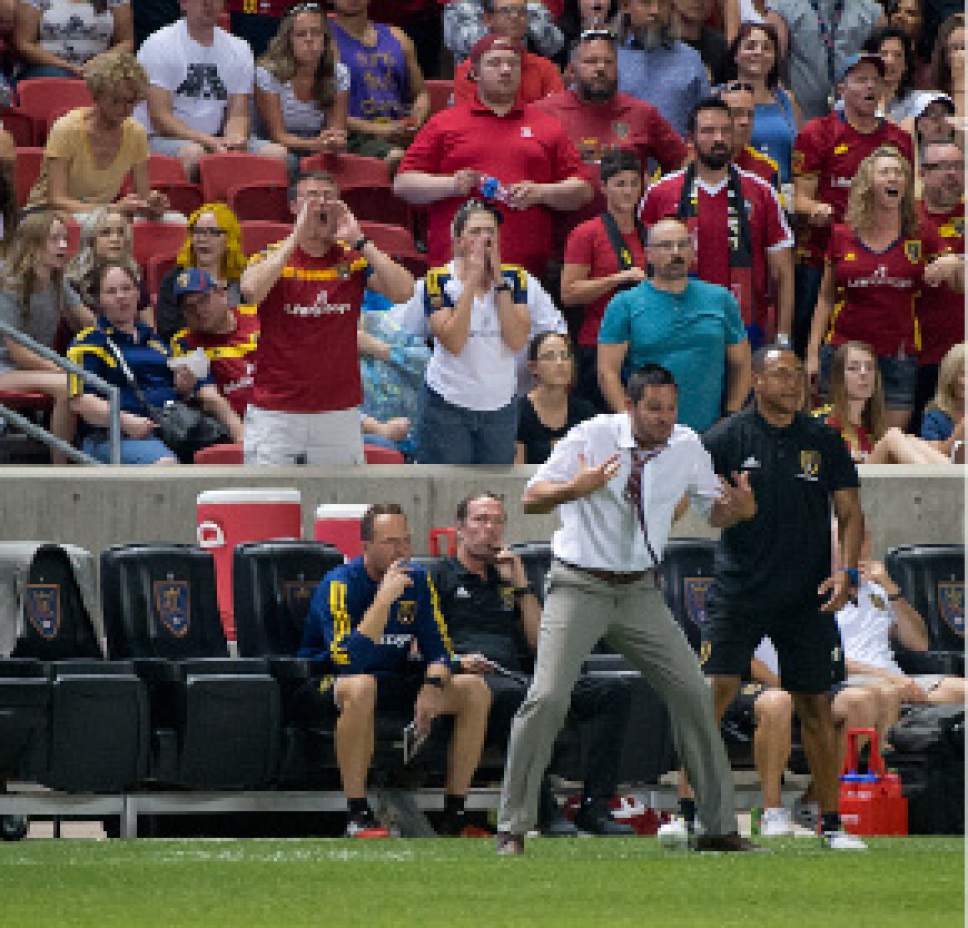 Michael Mangum  |  Special to the Tribune

Real Salt Lake head coach Mike Petke screams from the bench during their match against Sporting Kansas City at Rio Tinto Stadium in Sandy, UT on Saturday, July 22, 2017. Petke was shortly after dismissed from the match by the referee.