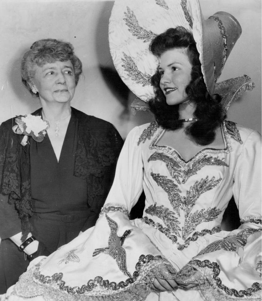 |  Tribune file photo

Emma Lunt Ellerbeck and Calleen Robinson are seen together at Robinson's coronation as the 1947 Days of '47 parade queen on January 16, 1947. Ellerbeck was the parade queen in 1897.