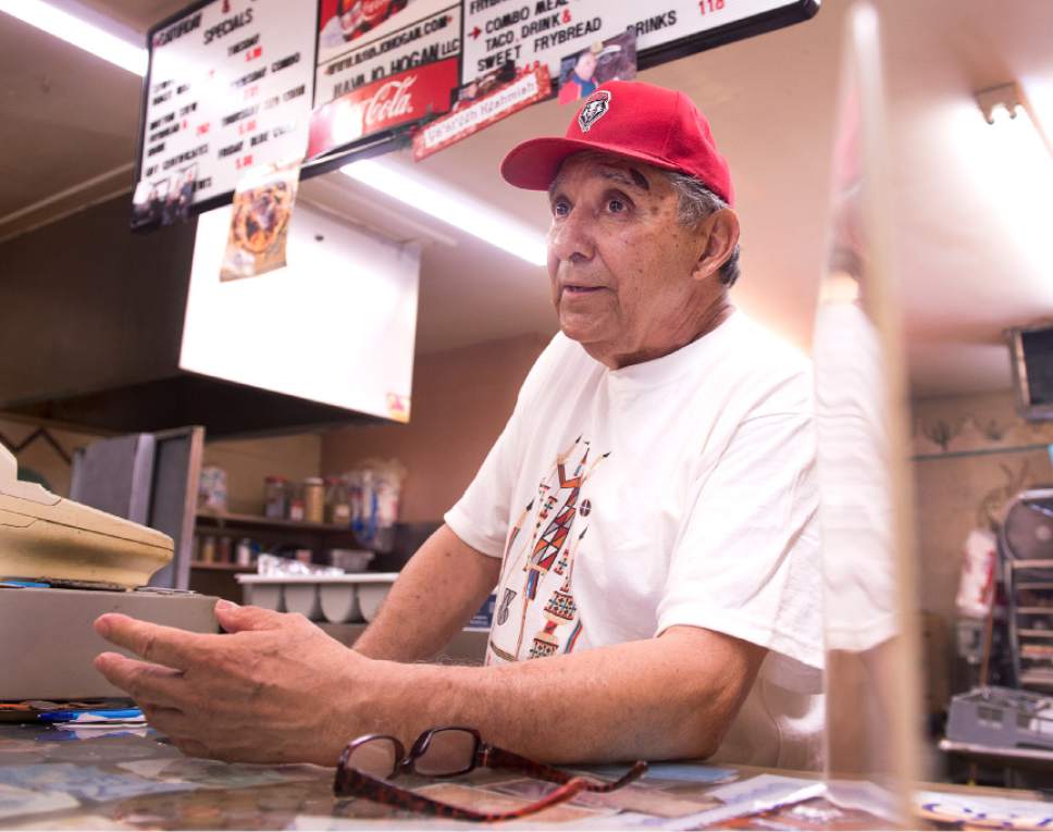 Leah Hogsten  |  The Salt Lake Tribune
Bill Espinoza, owner of Navajo Hogan, serves  sweet fry bread and traditional Navajo tacos at his restaurant in Salt Lake City, July 19, 2017.