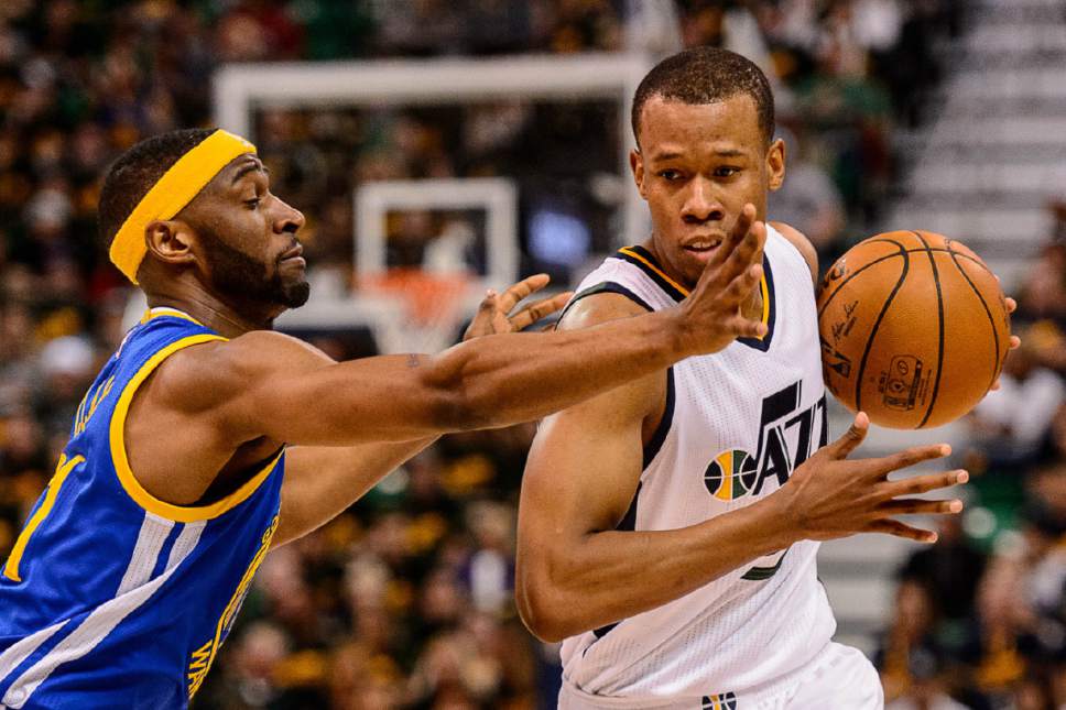 Trent Nelson  |  The Salt Lake Tribune
Utah Jazz guard Rodney Hood (5) defended by Golden State Warriors guard Ian Clark (21) as the Utah Jazz host the Golden State Warriors in Game 3 of the second round, NBA playoff basketball in Salt Lake City, Saturday May 6, 2017.