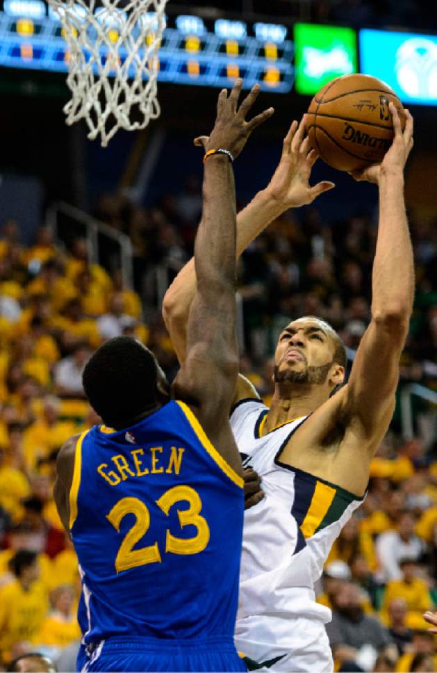 Steve Griffin  |  The Salt Lake Tribune


Utah Jazz center Rudy Gobert (27) shoots over Golden State Warriors forward Draymond Green (23) during game 4 of the NBA playoff game between the Utah Jazz and the Golden State Warriors at Vivint Smart Home Arena in Salt Lake City Monday May 8, 2017.