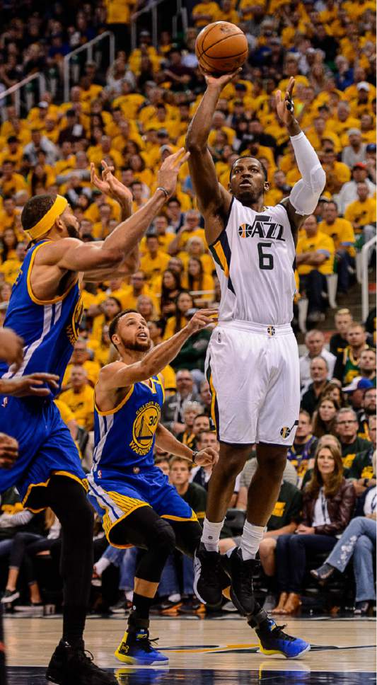 Trent Nelson  |  The Salt Lake Tribune
Utah Jazz forward Joe Johnson (6) puts up a shot as the Utah Jazz host the Golden State Warriors in Game 3 of the second round, NBA playoff basketball in Salt Lake City, Saturday May 6, 2017.