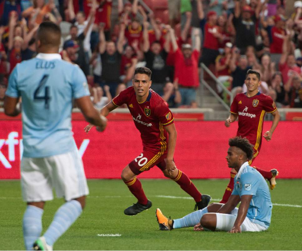 Michael Mangum  |  Special to the Tribune

Real Salt Lake midfielder Luis Silva (20) celebrates his first-half goal during their match against Sporting Kansas City at Rio Tinto Stadium in Sandy, UT on Saturday, July 22, 2017.